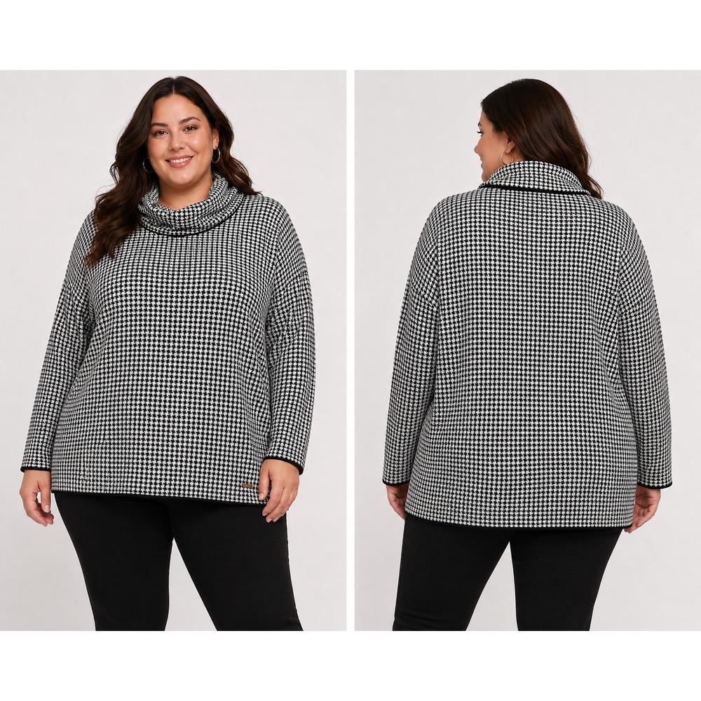 Calvin Klein Women XXL Houndstooth Cowl Neck Sweater Black White Long Sleeve Top